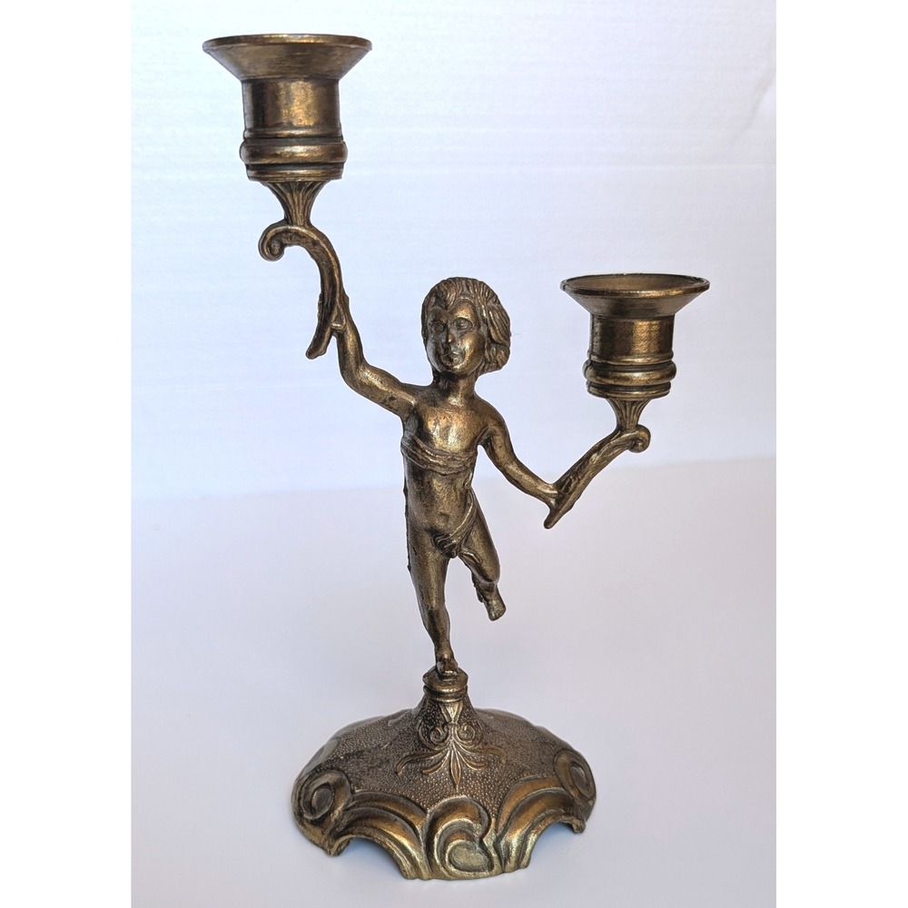 Solid Brass Cherub Candelabra Double Taper Candle Holder Putti Figure VTG